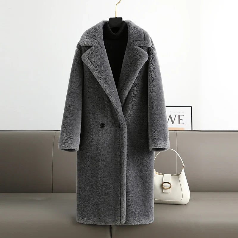 2022 Women Long Cashmere Coat Wool Woven Fabric Thick Warm Outerwear Oversize Fashion Streetwear Teddy Bear Winter Jacket Grey