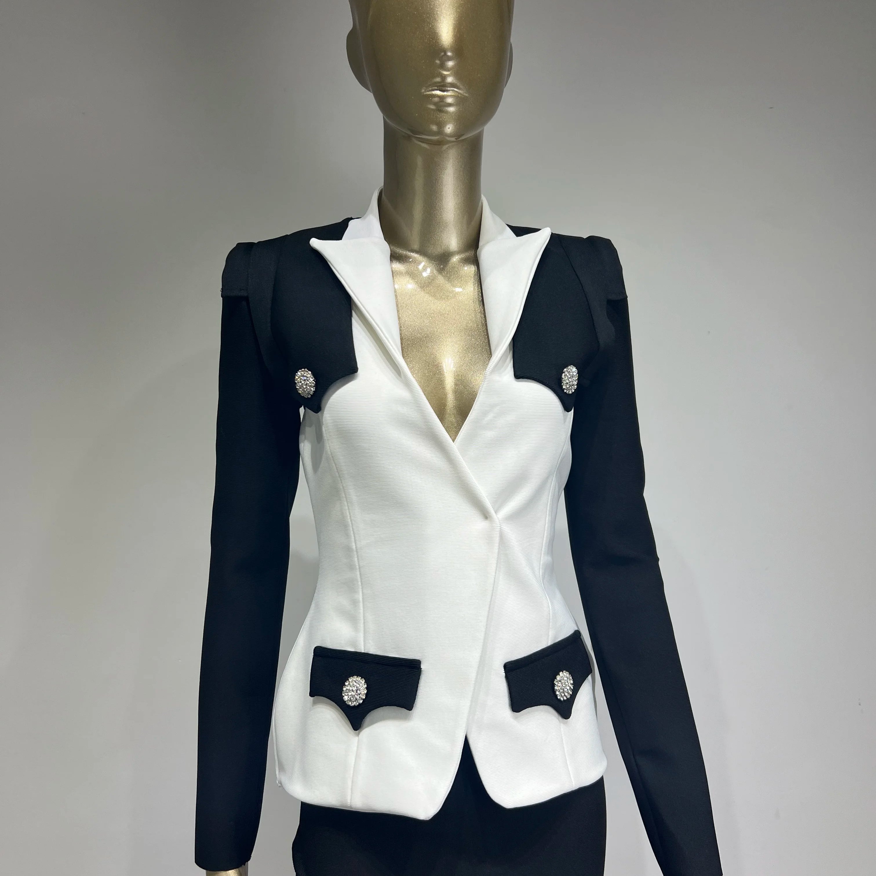 Runway Winter Sexy Long Sleeve Button Black White Women Bandage Coat 2024 High Street Celebrity DNight Club Party Jackets