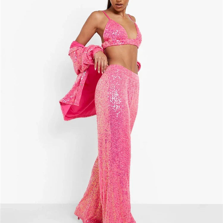 Tossy Sparkly Two-piece Set Party Outfits For Womens Sequin Top Blouse Shirt And Pants Suit Female Luxury Evening Tracksuit New