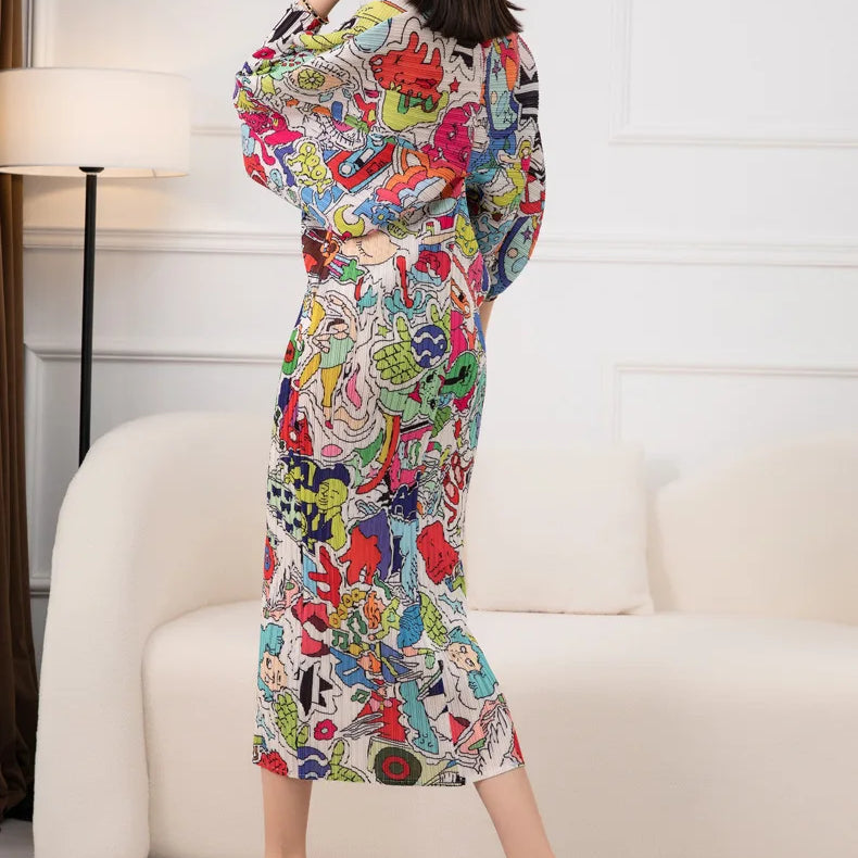 Spring Print Pleated Skirt/Holiday Party Temperament Loose Bat S Sleeve Dress Factory Spot