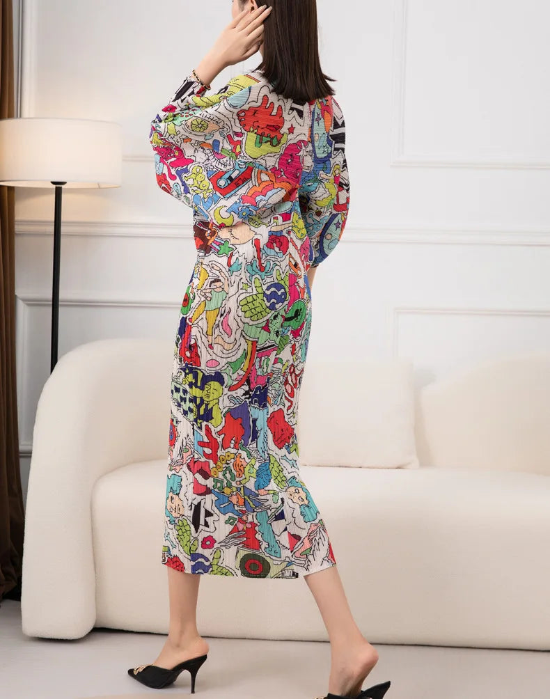 Spring Print Pleated Skirt/Holiday Party Temperament Loose Bat S Sleeve Dress Factory Spot