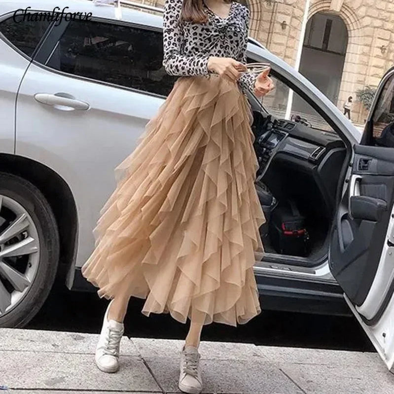 Women Tulle Mesh Skirt Elegant Elastic Waist Fairy Long A-line Tutu Skirt for Spring Summer long skirt