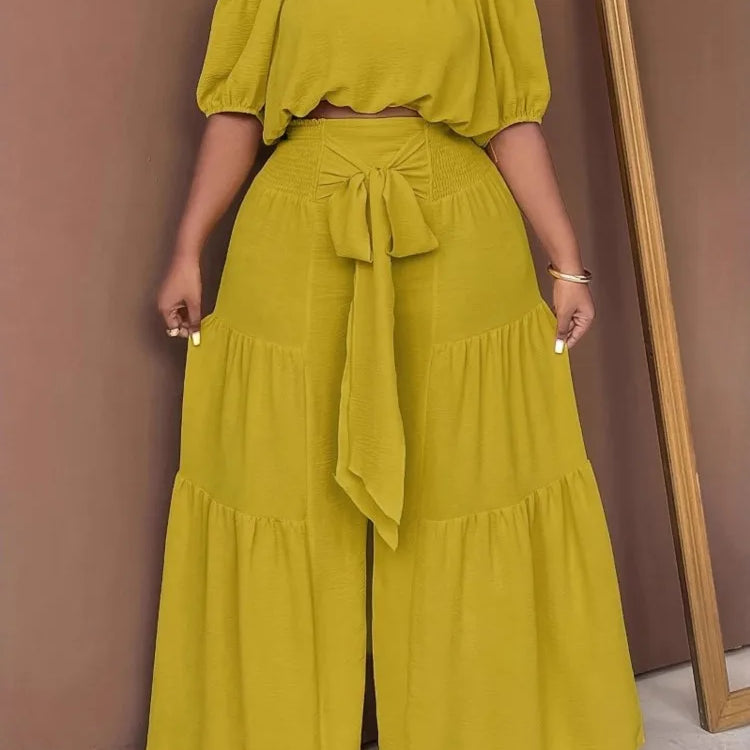 Plus Size Summer 2 Two Piece Set Women Casual Fashion Ladies Cropped Blouses Wide Leg Loose Pleated Woman Long Pant