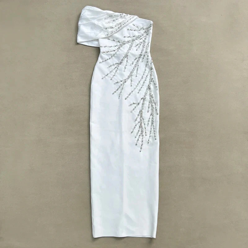 Black White Color Women Sexy One Shoulder Shinning Crystal Bodycon Long Bandage Dress Fashion Elegant Evening Party Outfit
