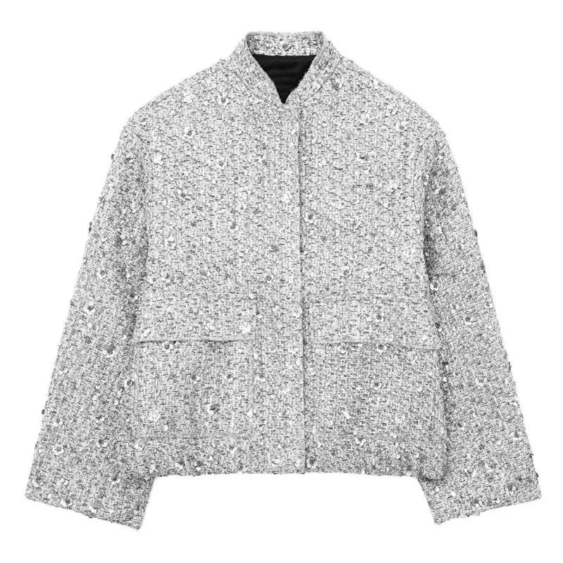 Autumn Coat For Women Fashion Gold Sequin Stand Collar Long Sleeve Loose short Jacket Woman With Pleats Female Coats Silver