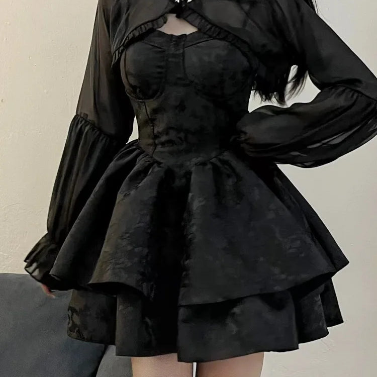 HOUZHOU Black Sexy Lolita Dress Women Gothic Vintage Mini Dresses Harajuku Long Sleeve Fairy Two-piece Dresses Party Dress Sets Black