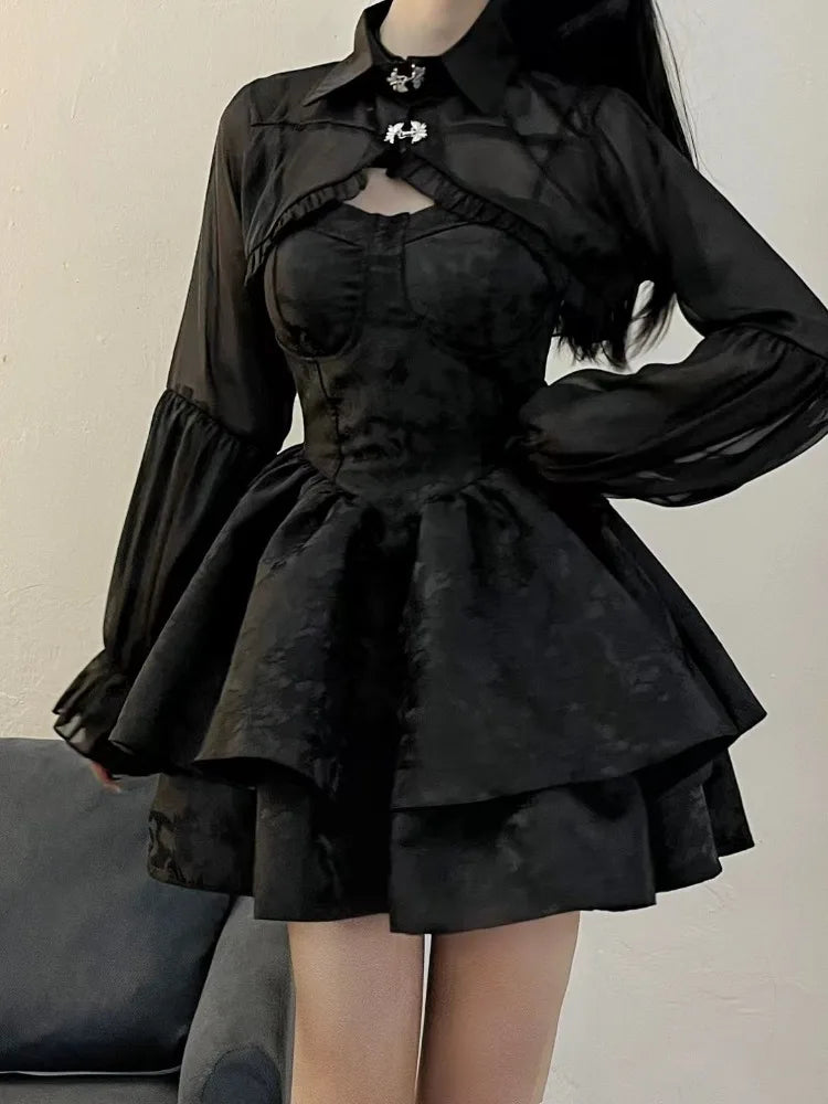 HOUZHOU Black Sexy Lolita Dress Women Gothic Vintage Mini Dresses Harajuku Long Sleeve Fairy Two-piece Dresses Party Dress Sets Black