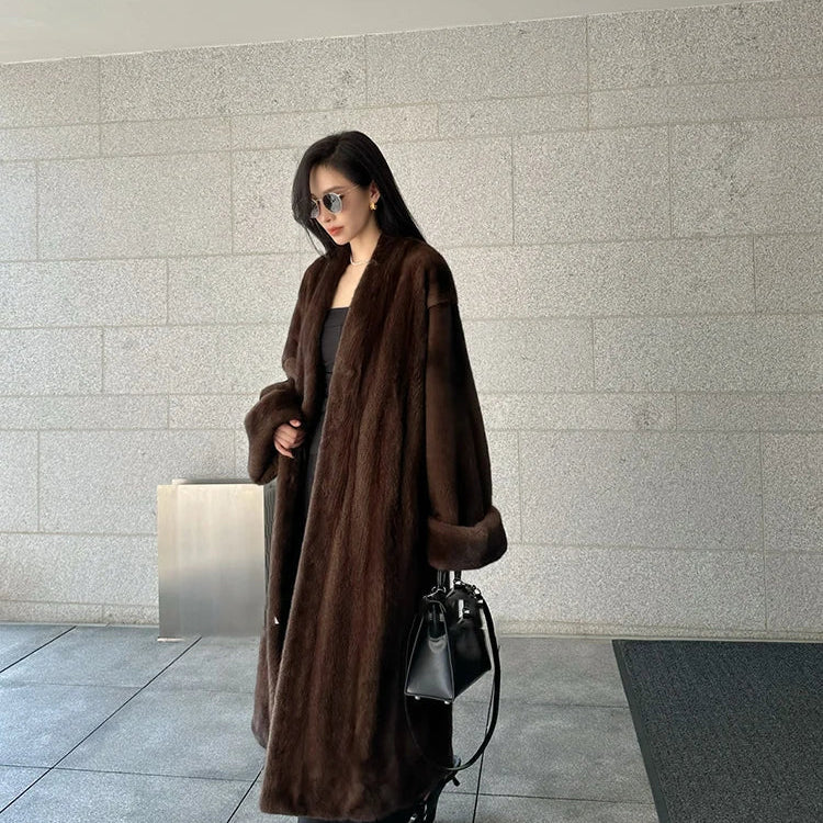 Lautaro Autumn Winter Long Luxury Elegant Chic Soft Thick Warm Brown Hairy Faux Mink Fur Coat Women V Neck Fluffy Overcoat 2024 Brown