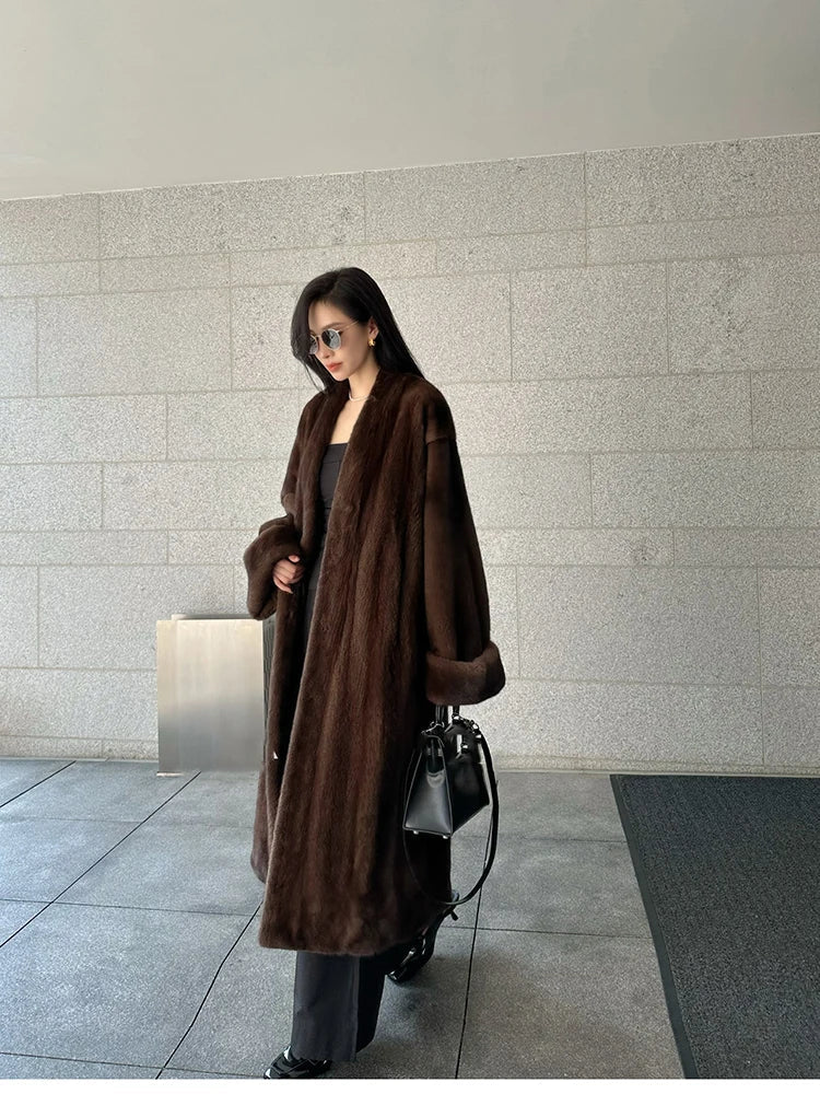 Lautaro Autumn Winter Long Luxury Elegant Chic Soft Thick Warm Brown Hairy Faux Mink Fur Coat Women V Neck Fluffy Overcoat 2024 Brown