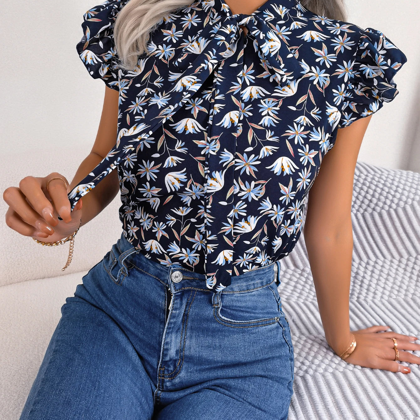 Women Casual Floral Print Bow Ruffles Chiffon Blouse Summer Top Navy Blue