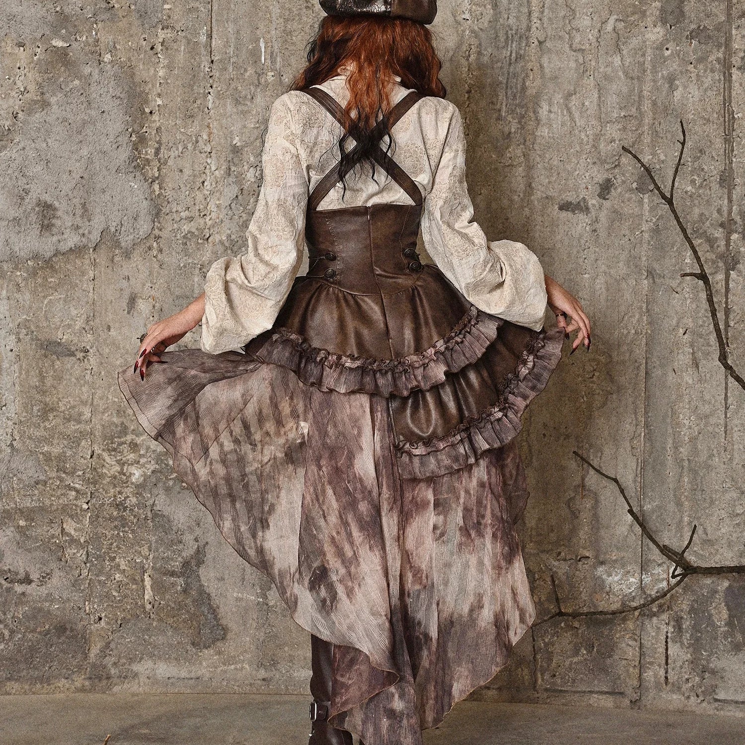 Original Punk Asymmetrical PU Chest Plate Strap Trailing Dresses Long Sleeve Shirt Dress Sets Autumn Gothic Girls Outfits