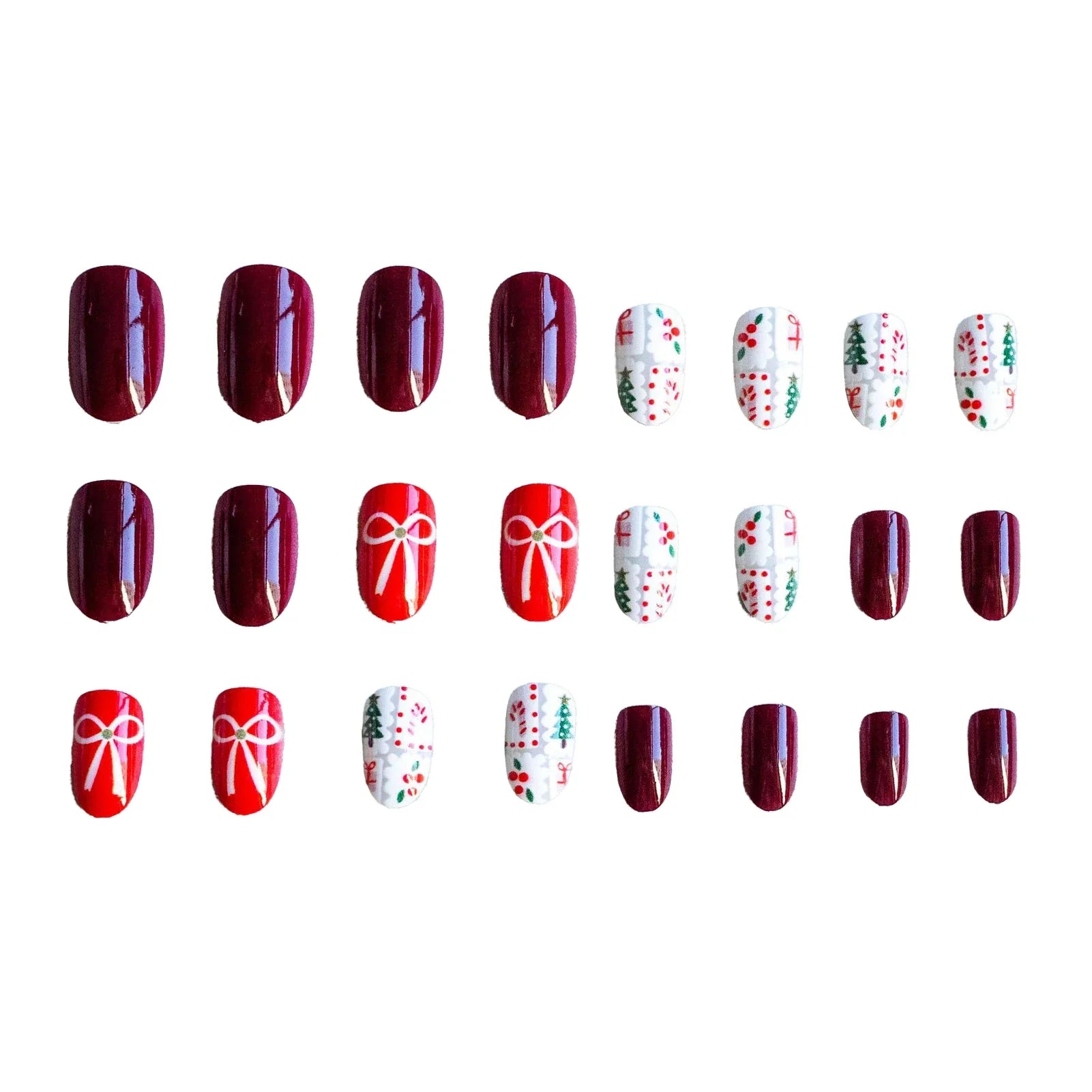 24Pcs Christmas Fake Nails for Women Girls Red/Green Short Round Head Press On Nails Bowknot/Xmas Tree Printed False Nails Art