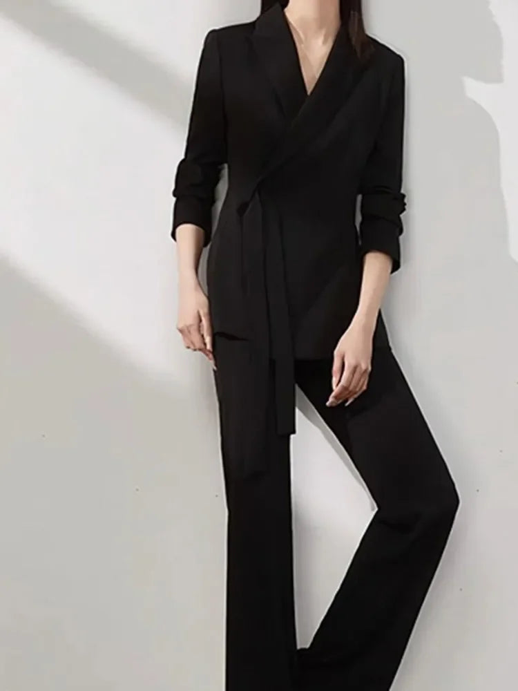 Office Lady Solid Women Suits 2 Pieces Chic Long Sleeve Blazer High Waist Straight Pants Vintage Sets Female Fashion Clothes