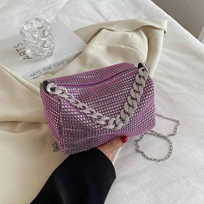 Fashion Glitter Rhinestone Evening Bag Women Trend Luxury Shiny Handbag Female Nightclub Carnival Party Crossbody Underarm Bag Purple
