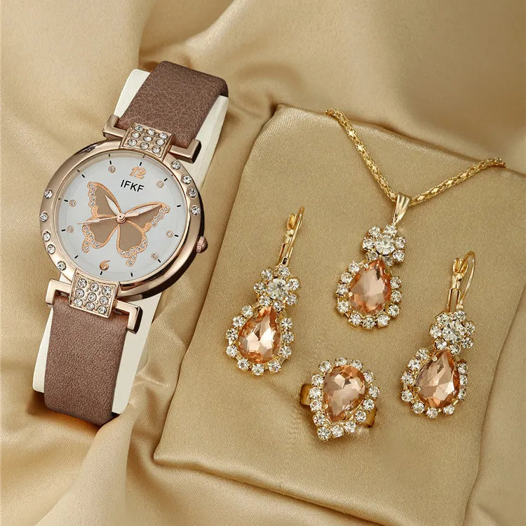 Nieuwe Koreaanse mode Simple Belt Quartz Watch Women's Edition+Jewelry Three Pally Set