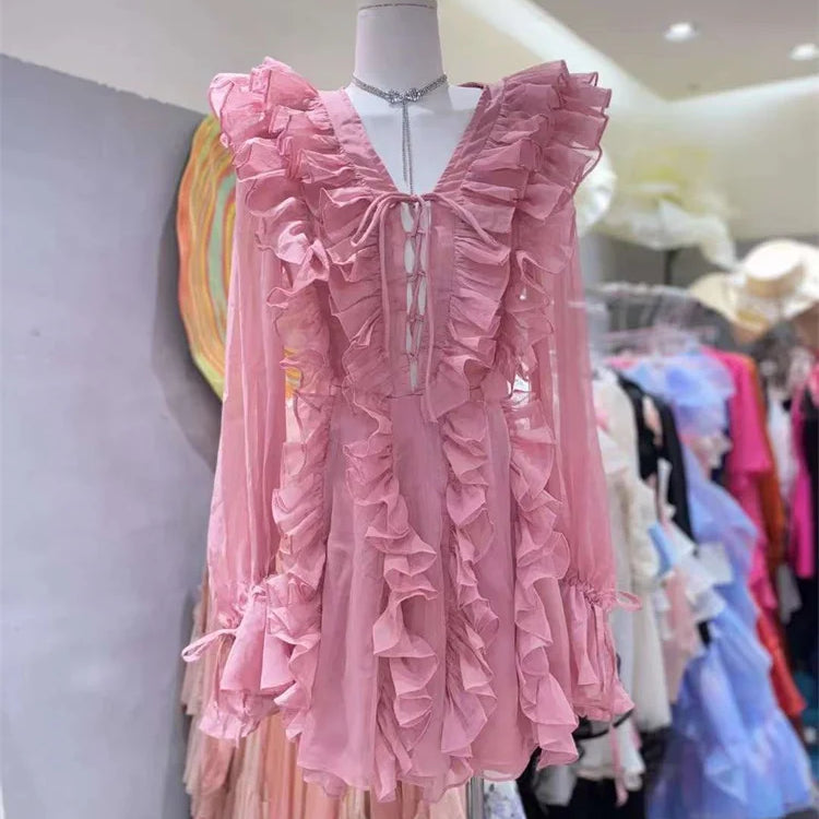 Tossy V-Neck Lace-Up Ruffled Mini Dress For Women Summer Mesh Bandage High Waist Fashion Party Dress Gown Female Mini Dress 2024 Pink