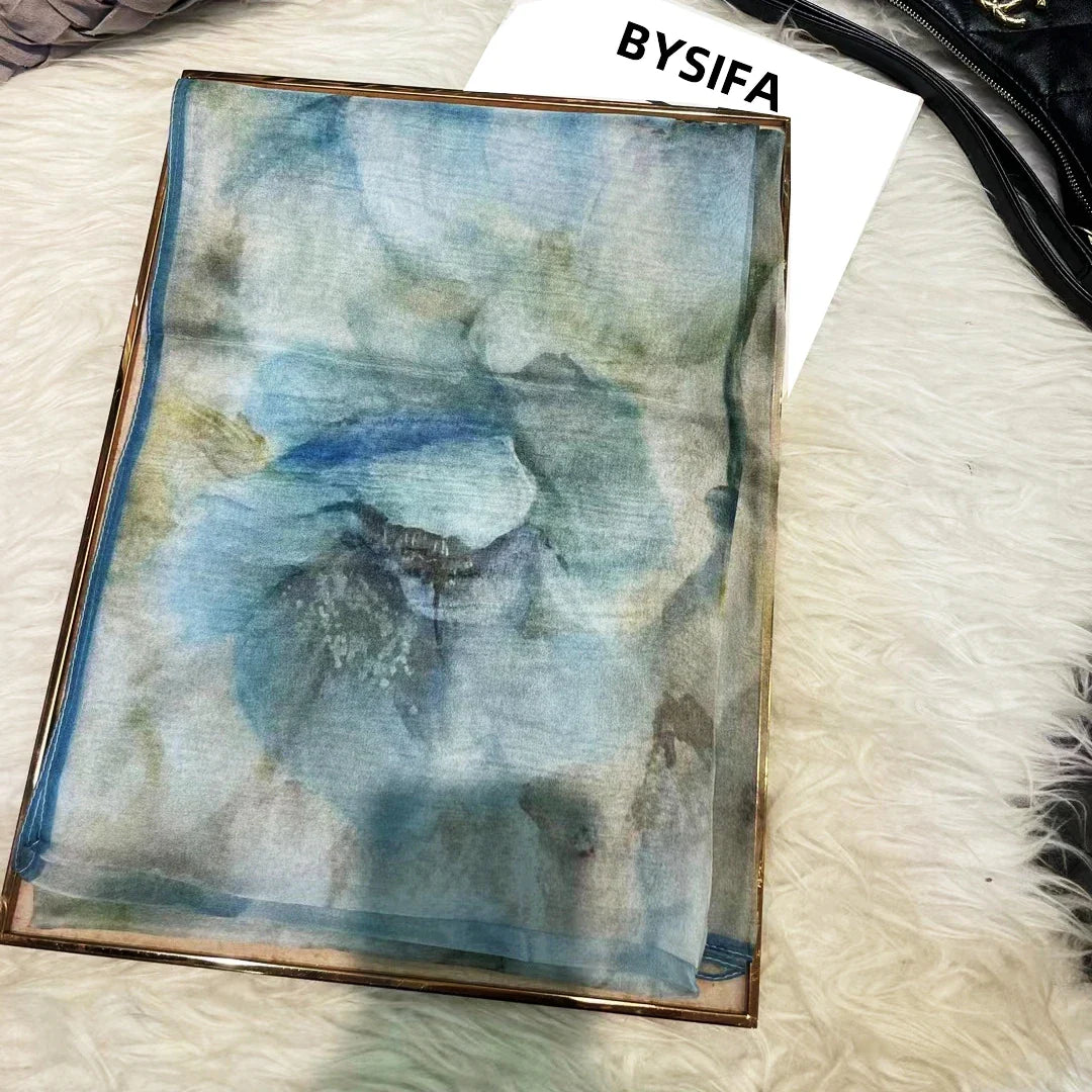 [BYSIFA] White 100% Silk Scarf Cape Fashion Floral Design Long Scarves Women Summer Utralong Beach Shawl Winter Scarves180*110cm blue