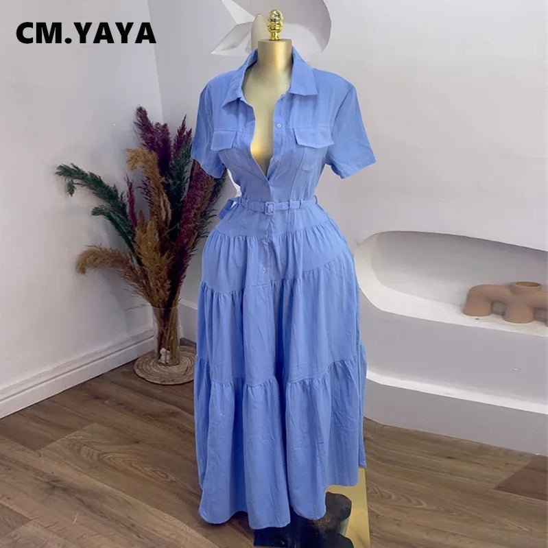 CM.YAYA Women Short Sleeve Single Breasted Belt Long Maxi Dress 2025 Street Birthday Evening Sexy Party Shirt Dresses Vestidos