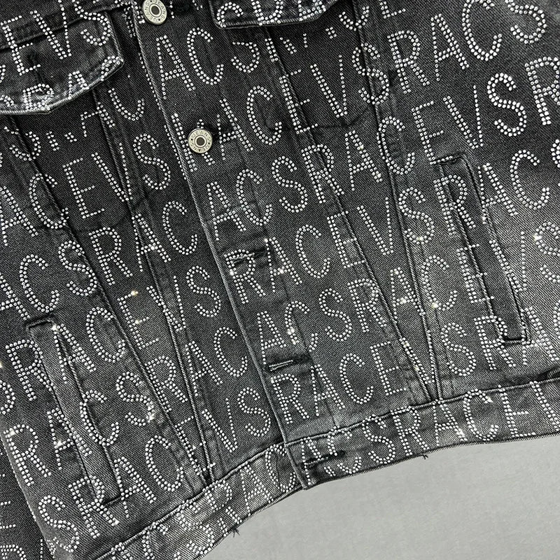 Denim Jacket Women Spring Autumn New Loose Heavy-Duty Letter Rhinestone Long-Sleeve Black Jean Jacket Female Jaquetas