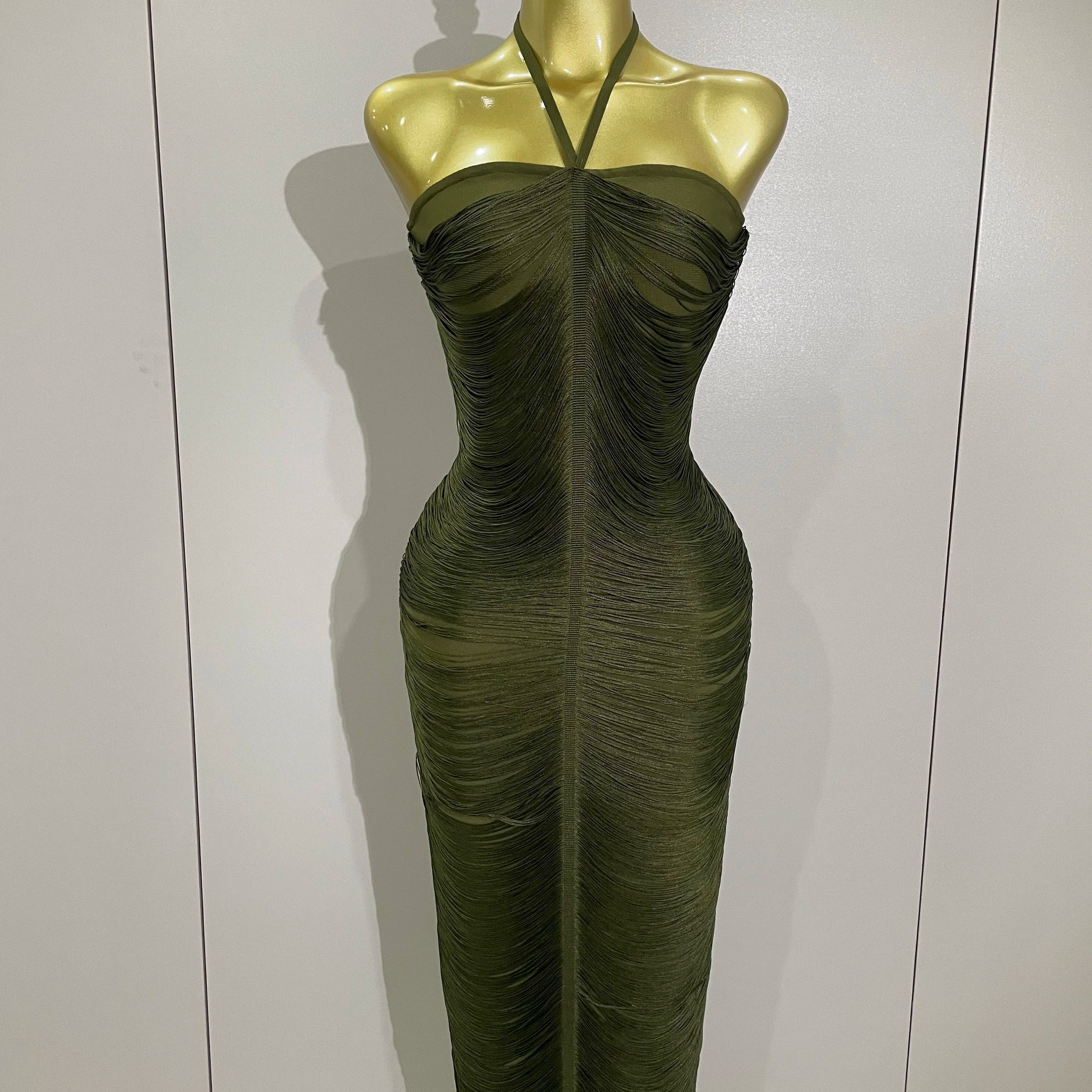 Sexy Backless Green Tassel Ankle Bodycon Bandage Dress 2025 Women Celebrity Elegant Evening Club Luxury Birthday Party Outfit