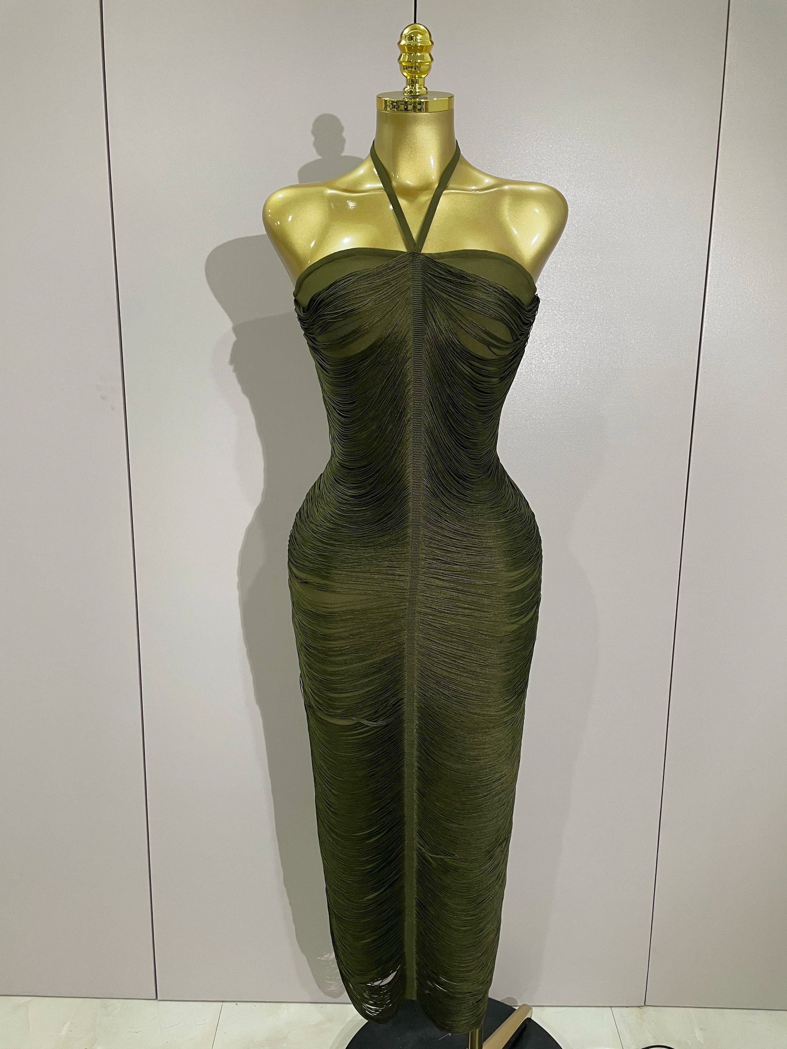 Sexy Backless Green Tassel Ankle Bodycon Bandage Dress 2025 Women Celebrity Elegant Evening Club Luxury Birthday Party Outfit