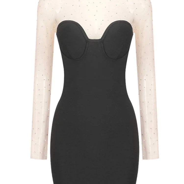 Women Celebrity Sexy Long Sleeve Diamonds Black Mesh Mini Bodycon Bandage Dress 2024 Elegant Evening Club Party Dress