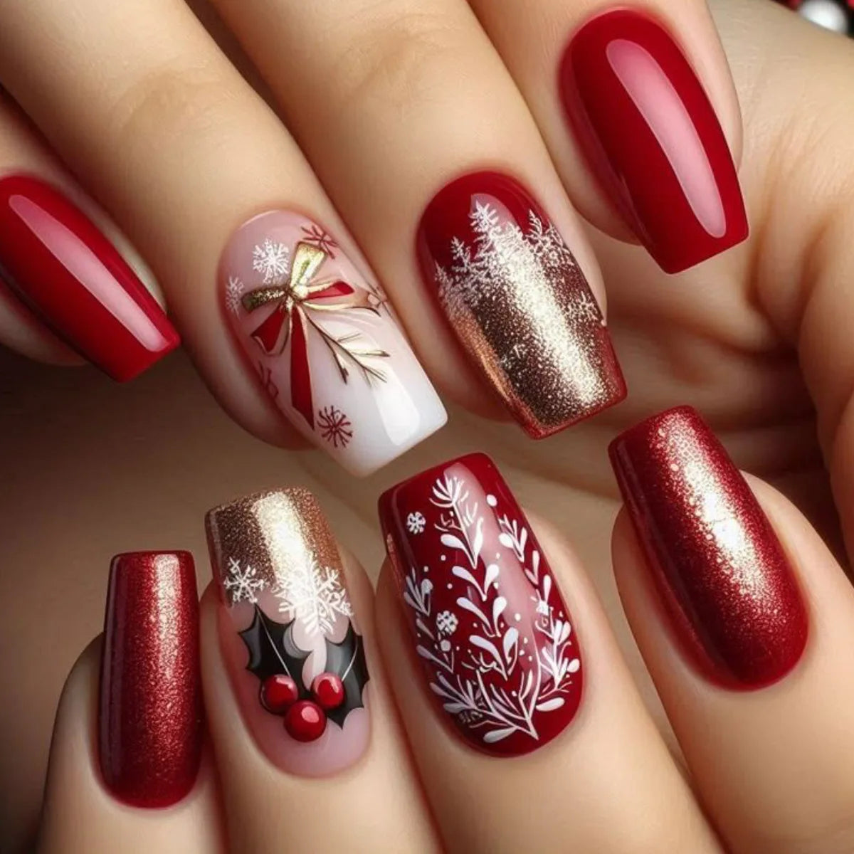 Red Short Square Fake Nails for Women Christmas Party Full Cover Press On Nails Santas/Snowflake/Deer Printed Stick-on Nails Art