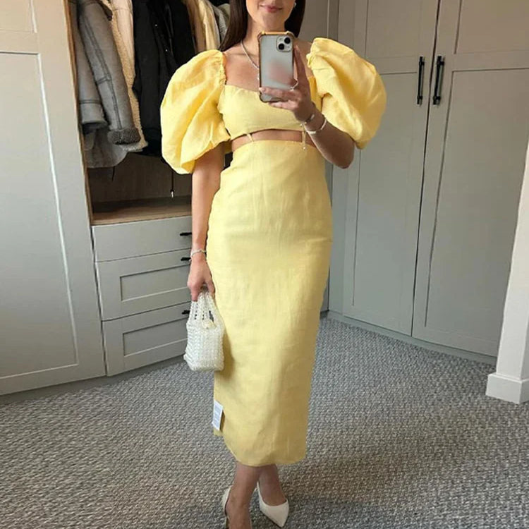 Hollow Square Neck Puff Sleeve Long Dresses Fashion Slim Fit Solid Color Women's Dress Lady Summer Casual Street Vestidos