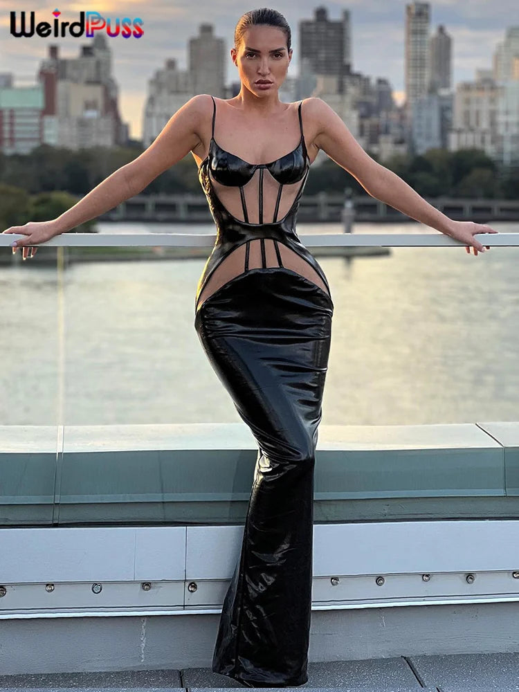 Weird Puss Patchwork Leather Sexy Dress Women Luxury Hipster Birthday Party Clubwear Sleeveless Black Split Bodycon Vestidos black