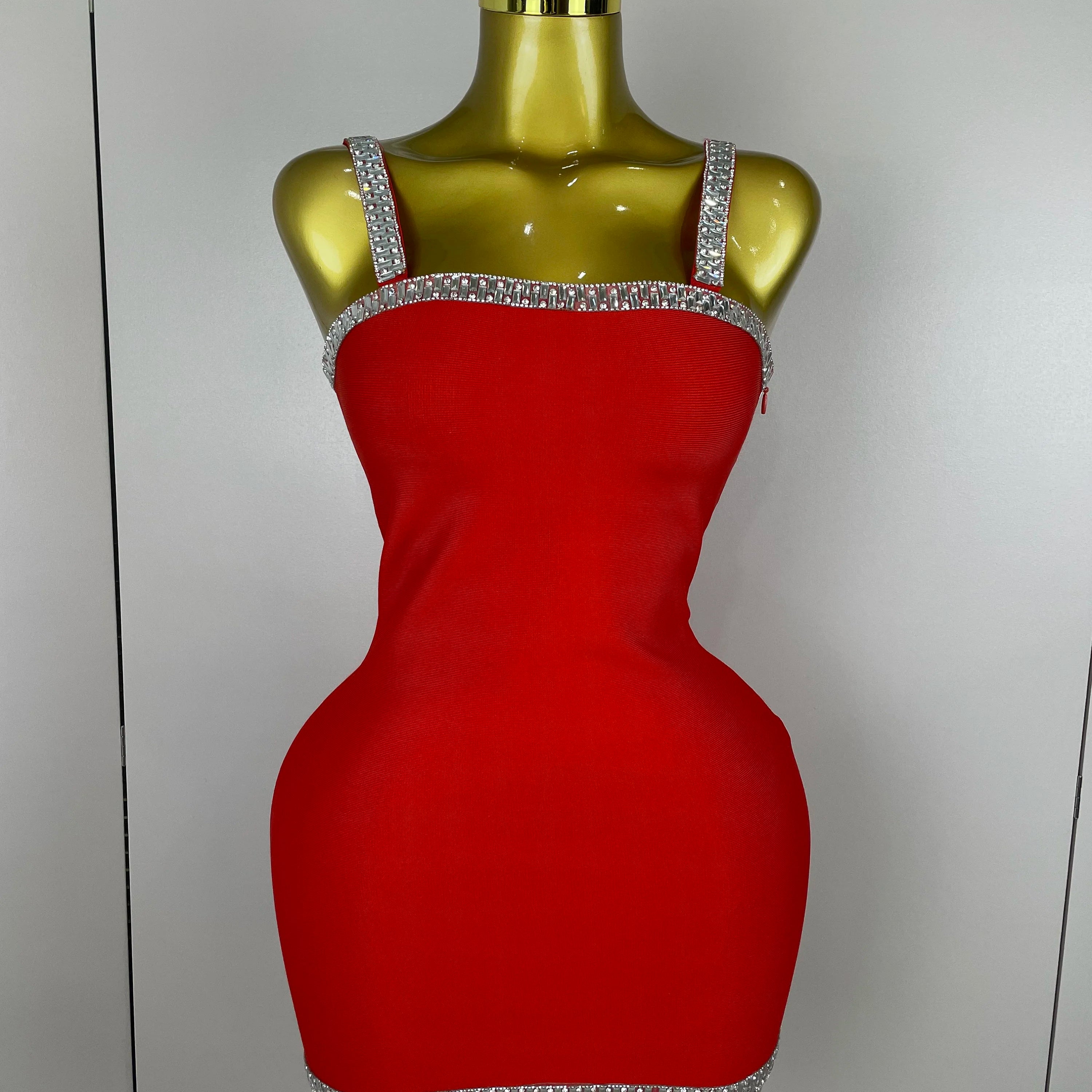 2025 Women Celebrity Luxury Sexy Summer Square Collar Red Crystal Mini Bandage Dress Knitted Elegant Evening Club Party Outfit
