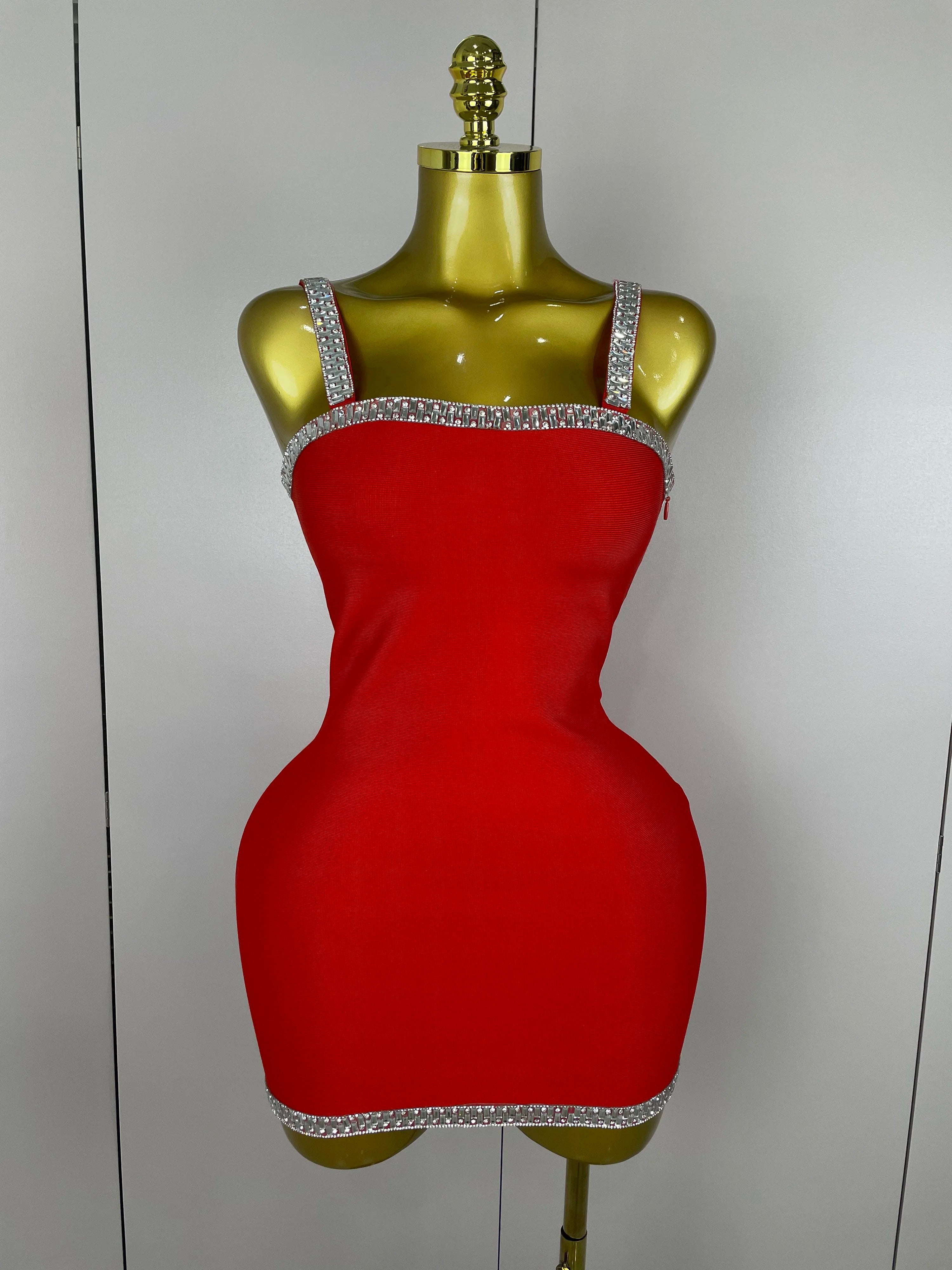 2025 Women Celebrity Luxury Sexy Summer Square Collar Red Crystal Mini Bandage Dress Knitted Elegant Evening Club Party Outfit
