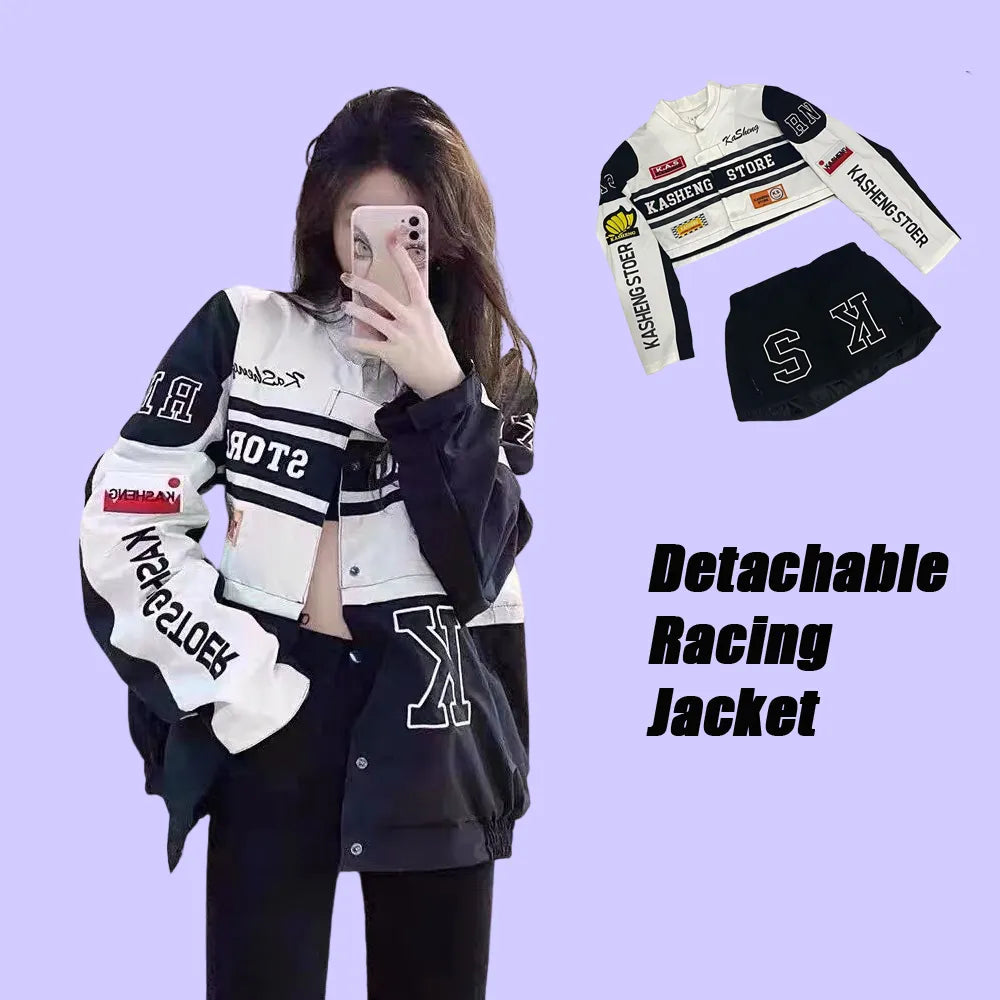 Spring Detachable Motorcycle Racing Jacket with Skirt Separation Set Women Vintage Motor Autumn Coat Korean Y2K Harajuku Clothes