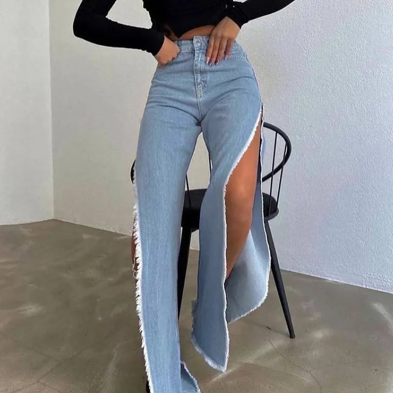 High Waisted Side Split Out Jeans Women Casual Loose Cargo Black Pants Streetwear Autumn Wide Leg Long Baggy Y2k Jeans XY23154SK