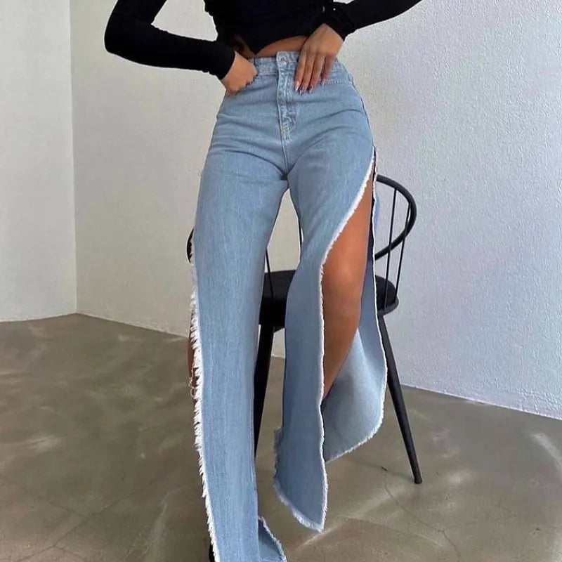 High Waisted Side Split Out Jeans Women Casual Loose Cargo Black Pants Streetwear Autumn Wide Leg Long Baggy Y2k Jeans XY23154SK