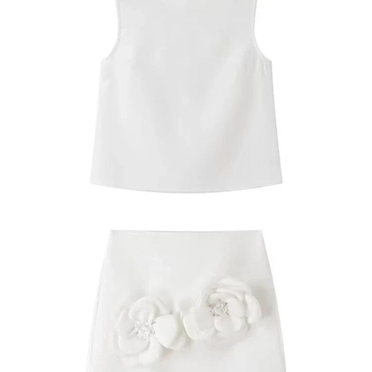 Aonibeier Y2K Extreme Short Women Mini Skirt Suits Traf Summer Flower Appliques Sleeveless Tanks Female Crop Top Sets White