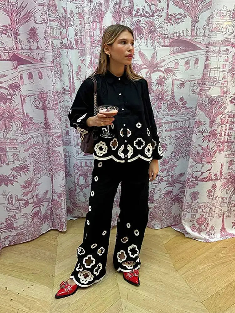 Chic Hook Flower Hollow Out Women's Lace Pants Set Retro Lapel Long Lantern Sleeve Shirt Suit New Lady Party Elegant Outfit
