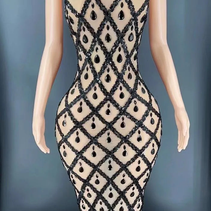 Flashing Silver Rhinestone Crystals Fringes Transparent Short Dress Birthday Celebrate Costume Evening Dancer Dress