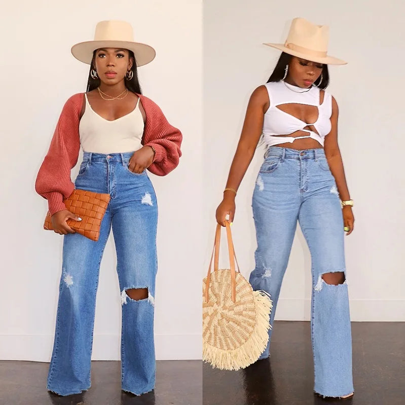 Casual High Waist Wide Leg Pants Loose Fashion Women's Jeans Street Ripped Plus Size Mom Denim Trousers Ladies Pants