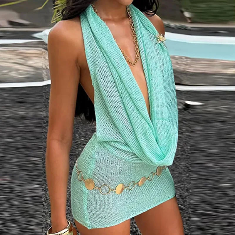 Glitter Halter Mini Dress Women Knit Backless Sleeveless Bodycon Party Club Dresses Female 2025 Summer Lady Fashion Y2K Robes