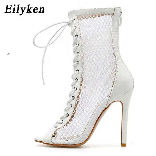 Fashion Zipper Peep Toe Mesh Woman Ankle Boots Sandals Summer Autumn High Heels Bootie Shoes Size 35-40 White