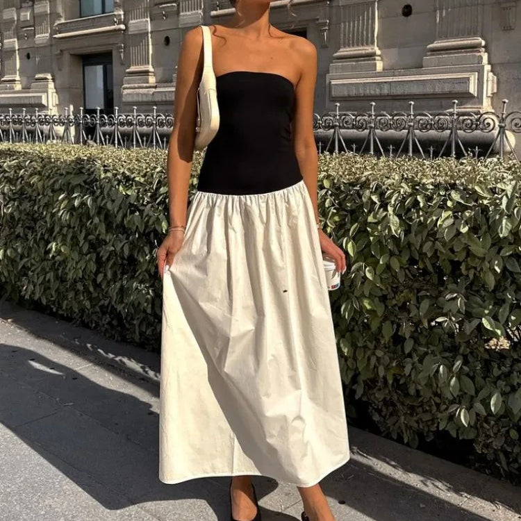 Tossy Patchwork Strapless Sleeveless Dress Women's Contrast Color A-Line High Waist Long Party Dress Fashion Outfits Female New