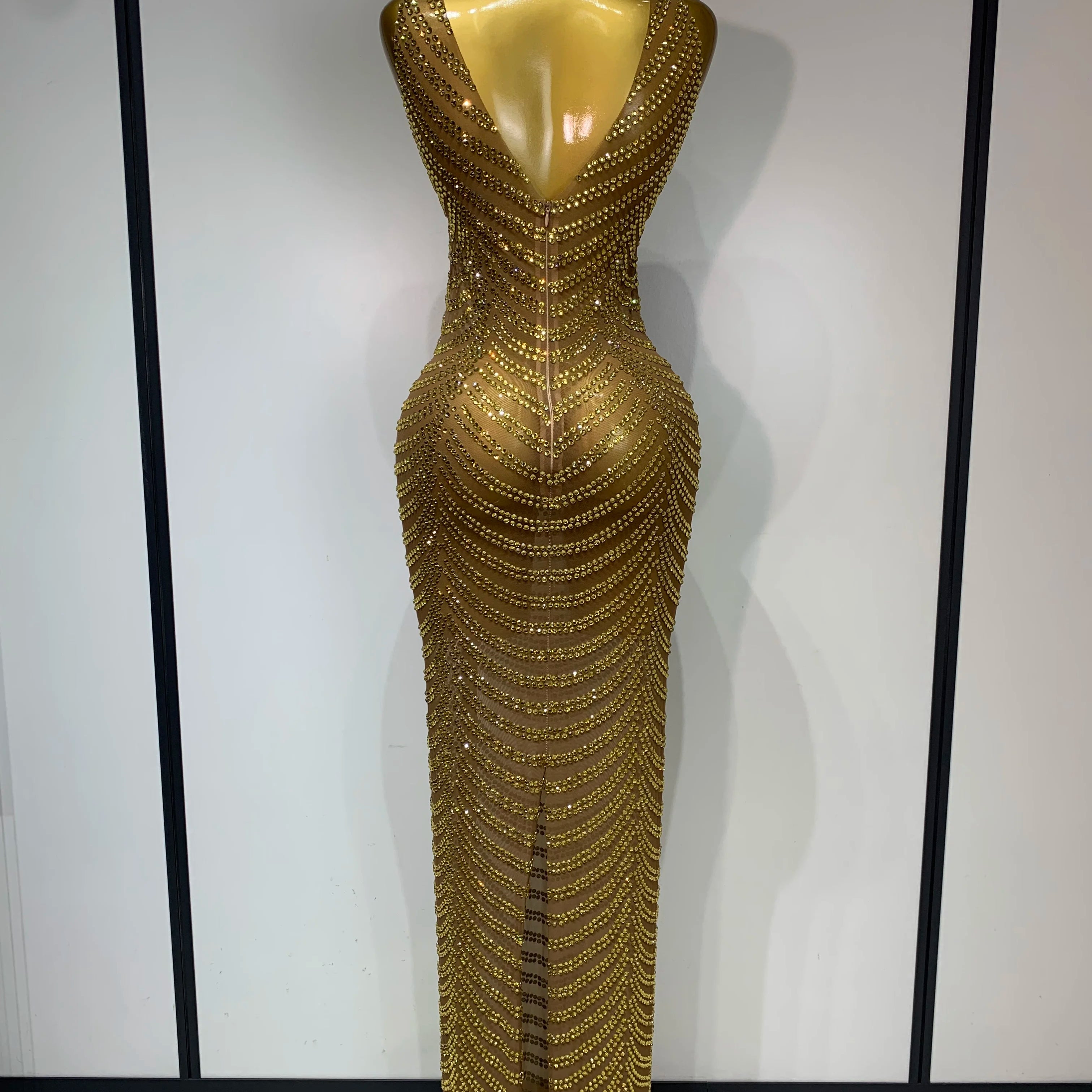 Women Sexy Sparkly Rhinestone Gold Maxi Dress Mesh See Through Evening Party Singer Stage Perform Costume Luxury Birthday Gown