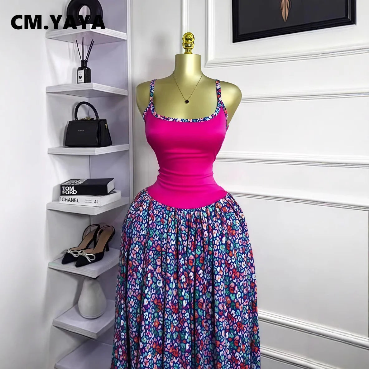 CM.YAYA Women Floral Printed Patchwork Strap Tank Maxi Long Dress 2025 Summer Beach Birthday Sexy Club Party Evening Dresses