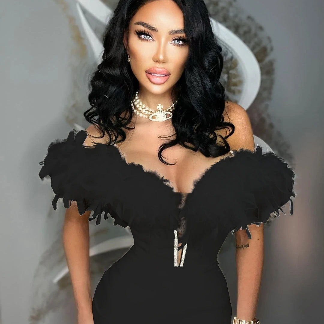 STOCK 3 Colors Gorgeous Feathers Shining Sequins V-Neck Strapless Mini Dress Woman Birthday Party Vestido NightClub Party Outfit