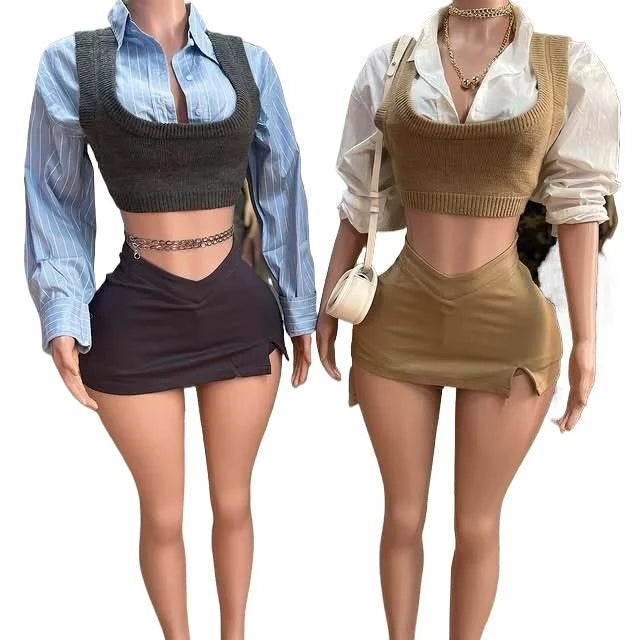 CM.YAYA Women Mini Skirts Set +Full Sleeve Knit Vest Shirts 2025 Spring Two 2 Piece Set Outfits Casual Street Night Club Outfits