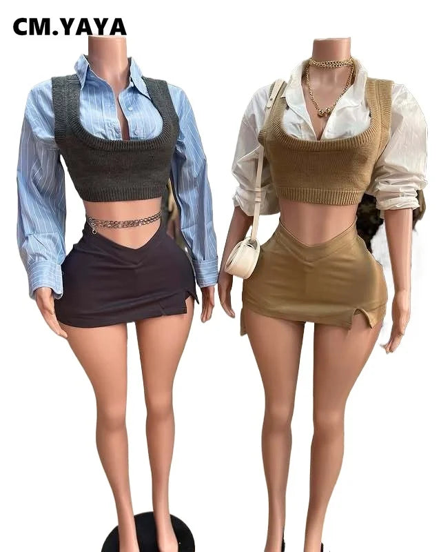 CM.YAYA Women Mini Skirts Set +Full Sleeve Knit Vest Shirts 2025 Spring Two 2 Piece Set Outfits Casual Street Night Club Outfits