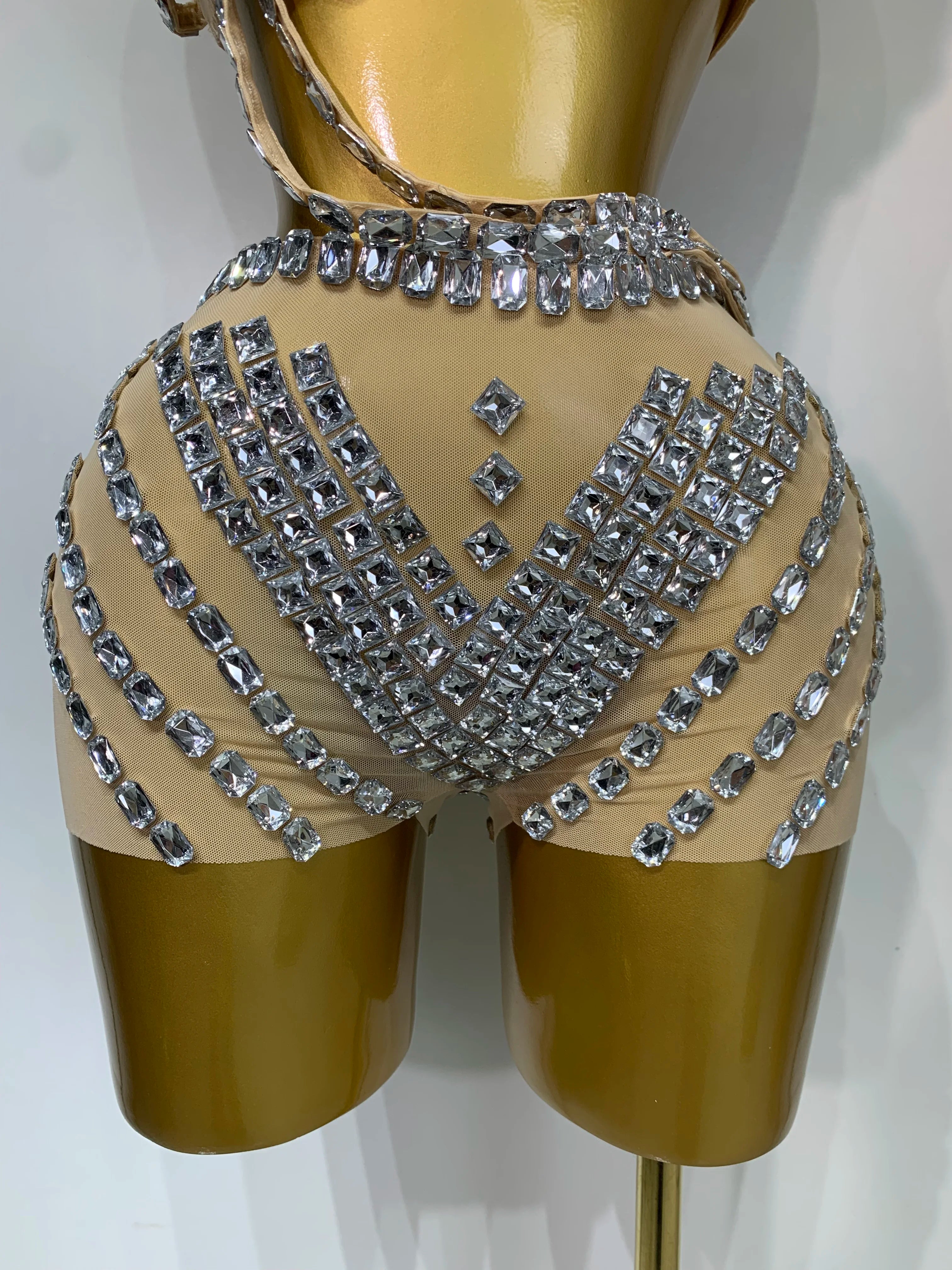 Luxury Diamonds Sexy Mesh Perspective Two Pieces Outfit Performance Dancer Singer Costume Nightclub Women's Set Birthday Wear