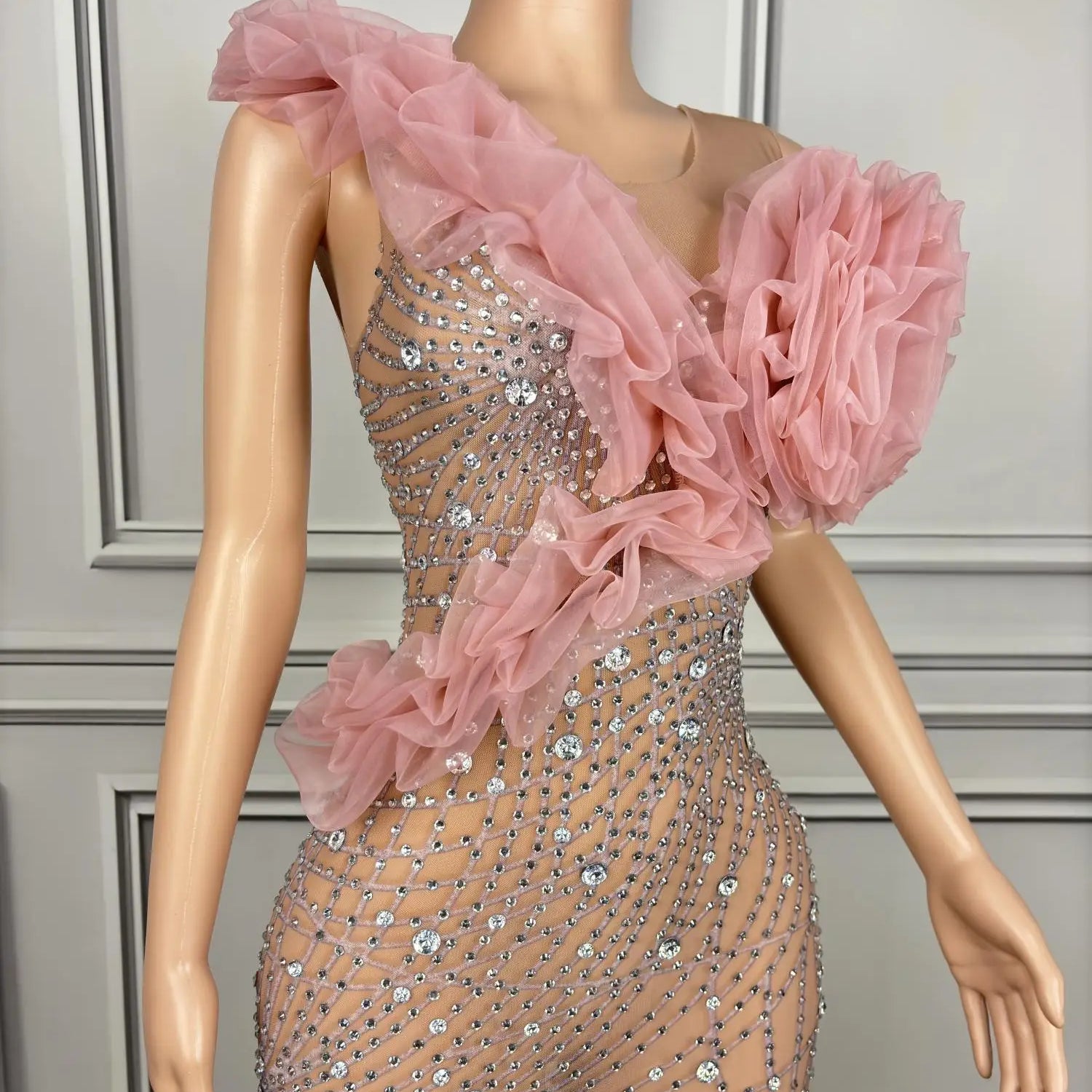 Elegant Ball Dress Sparkly Rhinestone Women Wedding Prom Birthday Party Evening Gown Sheer Mesh Luxury Sexy Maxi Dress Dousha