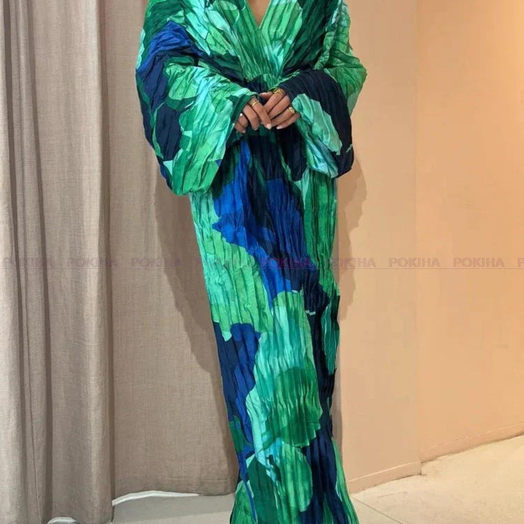 CIL V-neck Loose Backless Baggy Sleeve Women Split Maxi Dress Vintage Printed Vacation Elegant Pleated Long Dress Vestido green