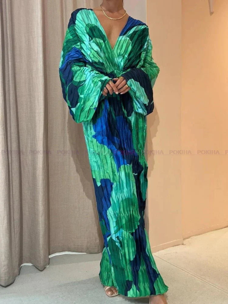 CIL V-neck Loose Backless Baggy Sleeve Women Split Maxi Dress Vintage Printed Vacation Elegant Pleated Long Dress Vestido green